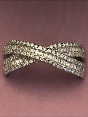 Genuine Moissanite Crisscross Pavé Round and Baguette Multi-Row Ring 925 SSilver